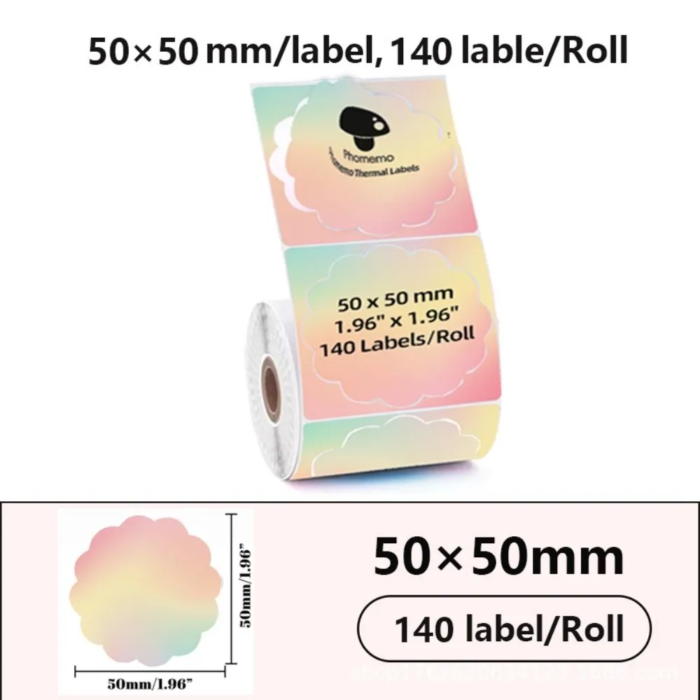 140pcs 50x50 mm Thermal Label Roll Waterproof Flower Shape Square Label Sticker Tear-resistant Color Gradient Label Roll Paper