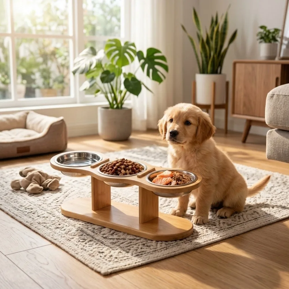 3 Bowls Elevated Pet Feeder Bowl Detachable Neck-Protecting Cat Food Water Bowl Anti-flip Wooden Pet High Footed Bowl Indoor Use