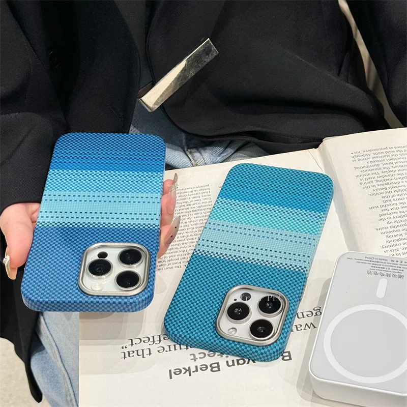 Camera Alloy Folding Stand Plaid Dots Magnetic Back Cover 16 Case for iPhone 15 14 Pro Max MagSafe Shell Frame Carbon Color Hull image 2