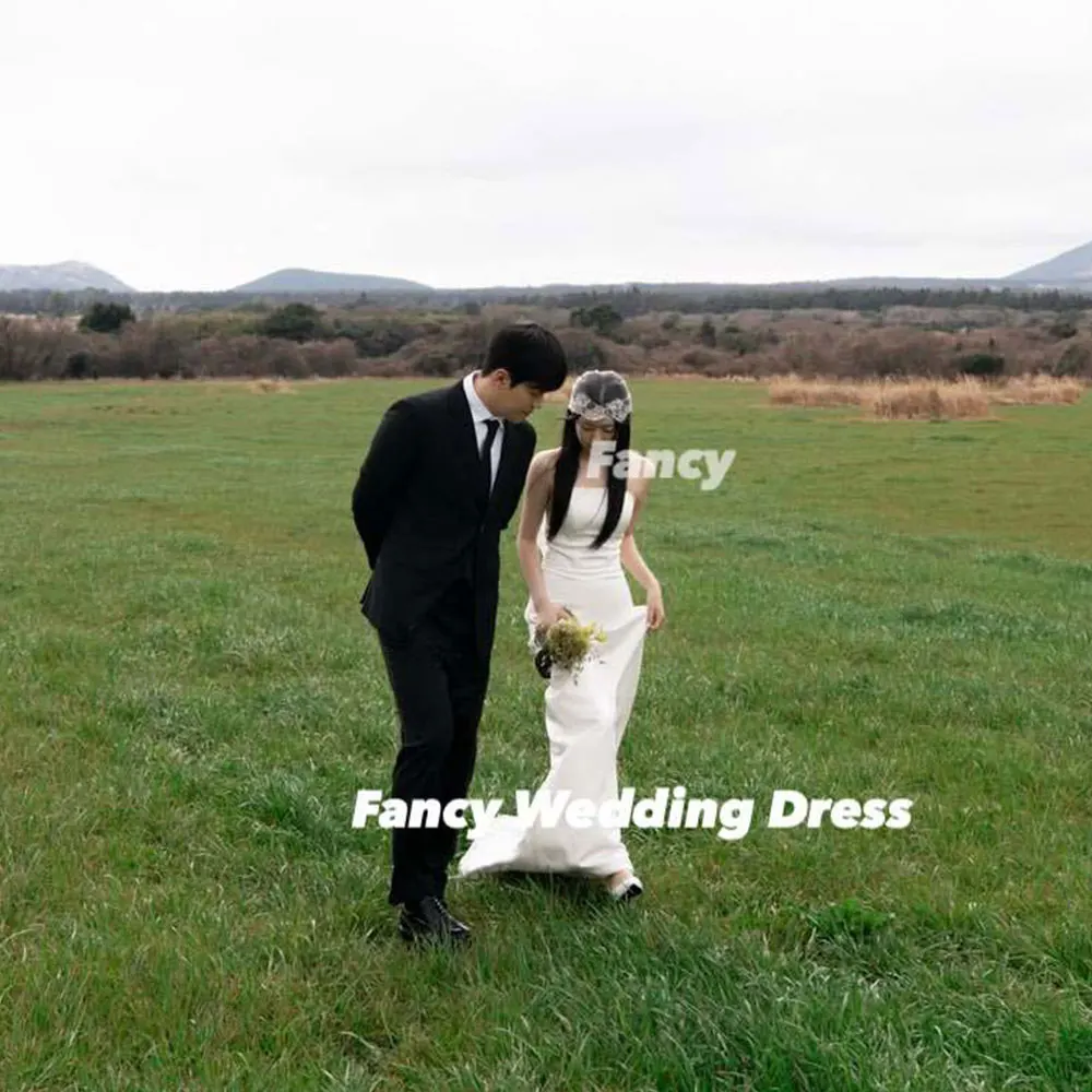 Fancy Simple Strapless Korea Wedding Dress Photoshoot Mermaid Elastic Satin Evening Gown Back Zip 웨딩드레스 Customized
