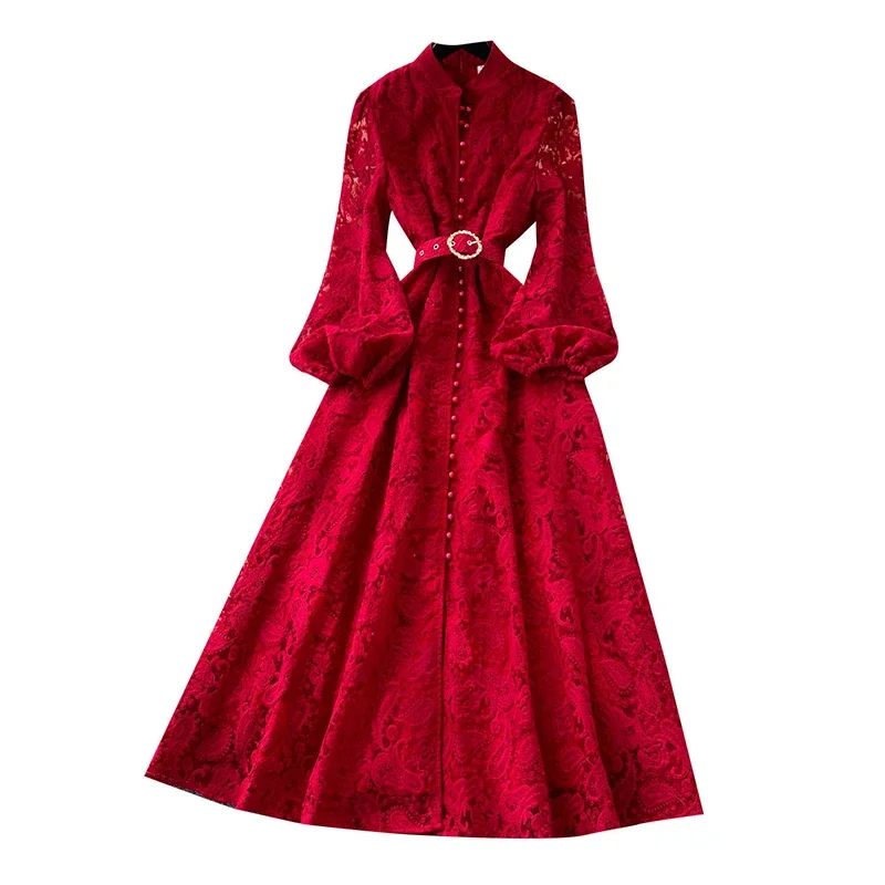 Spring Autumn High End Elegant Birthday Party Women's Dress New French Hook Flower Single Breasted Slim Lace Long Dress S89
