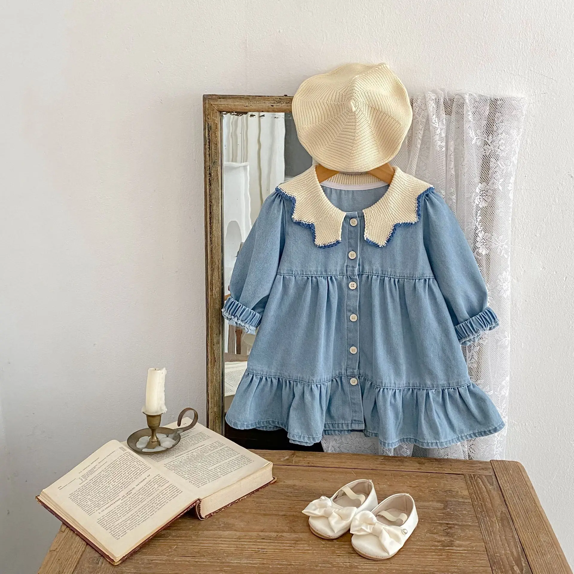 

2025 Autumn Korean Version Baby Girl Blue Woolen Collar Denim Skirt Cardigan Long Sleeved Western-style Dress