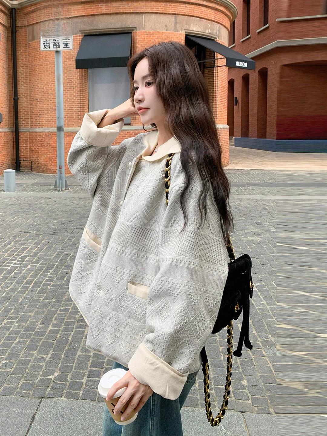 

plus Size Thickened Floral Embroidery Cotton Jacket Unique Light Grey Design Collar Stand Collar Splicing Color Block Outerwear