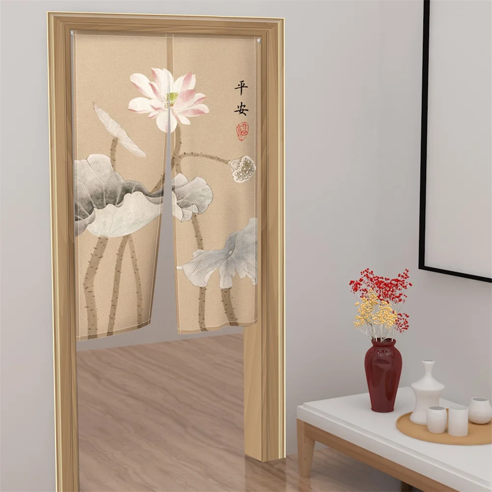Chinese Ink Wash Noren Door Curtains Lotus Peony Patterns Linen Doorway Curtains Kitchen Entrance Split Hanging Half Curtains