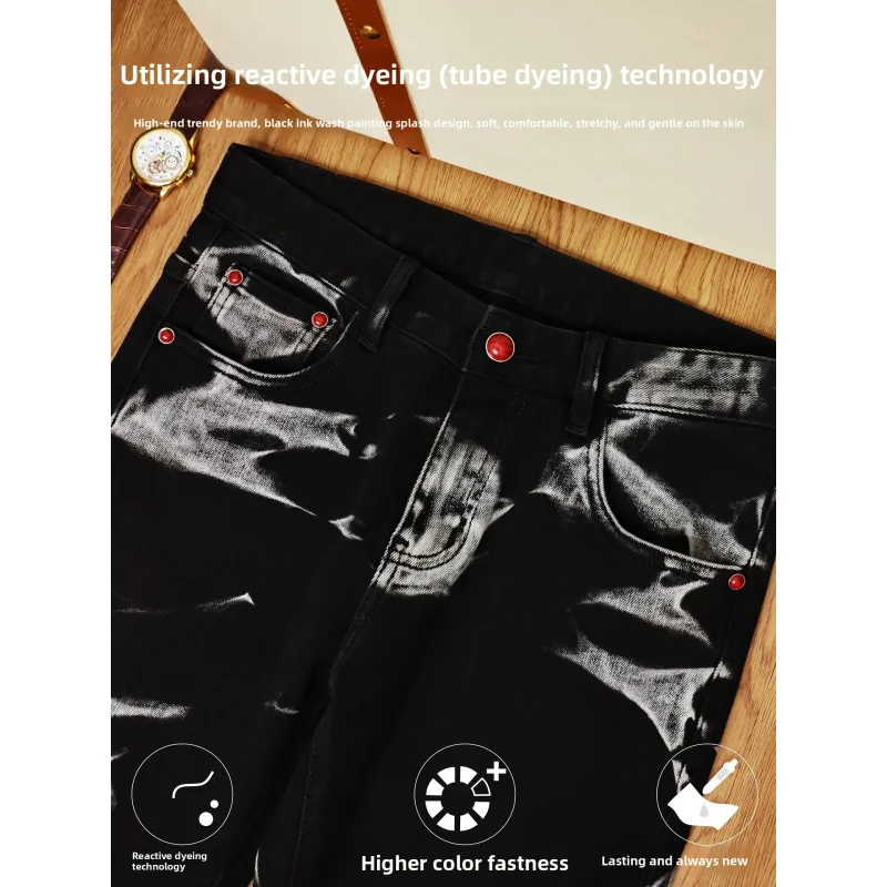 Jeans preto masculino outono e inverno 2025 novo estilo high-end impresso calças de perna pequena