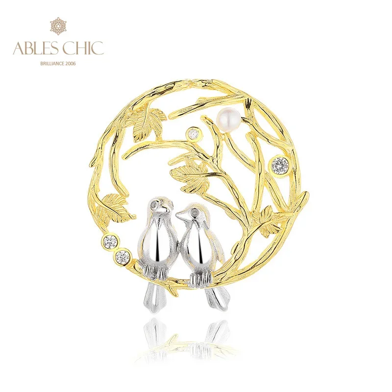 AC 5A Freshwater Pearl 3.5-4mm Couple Birds in Love  Solid 925 Silver Floral Twig Pendant Only PN1030