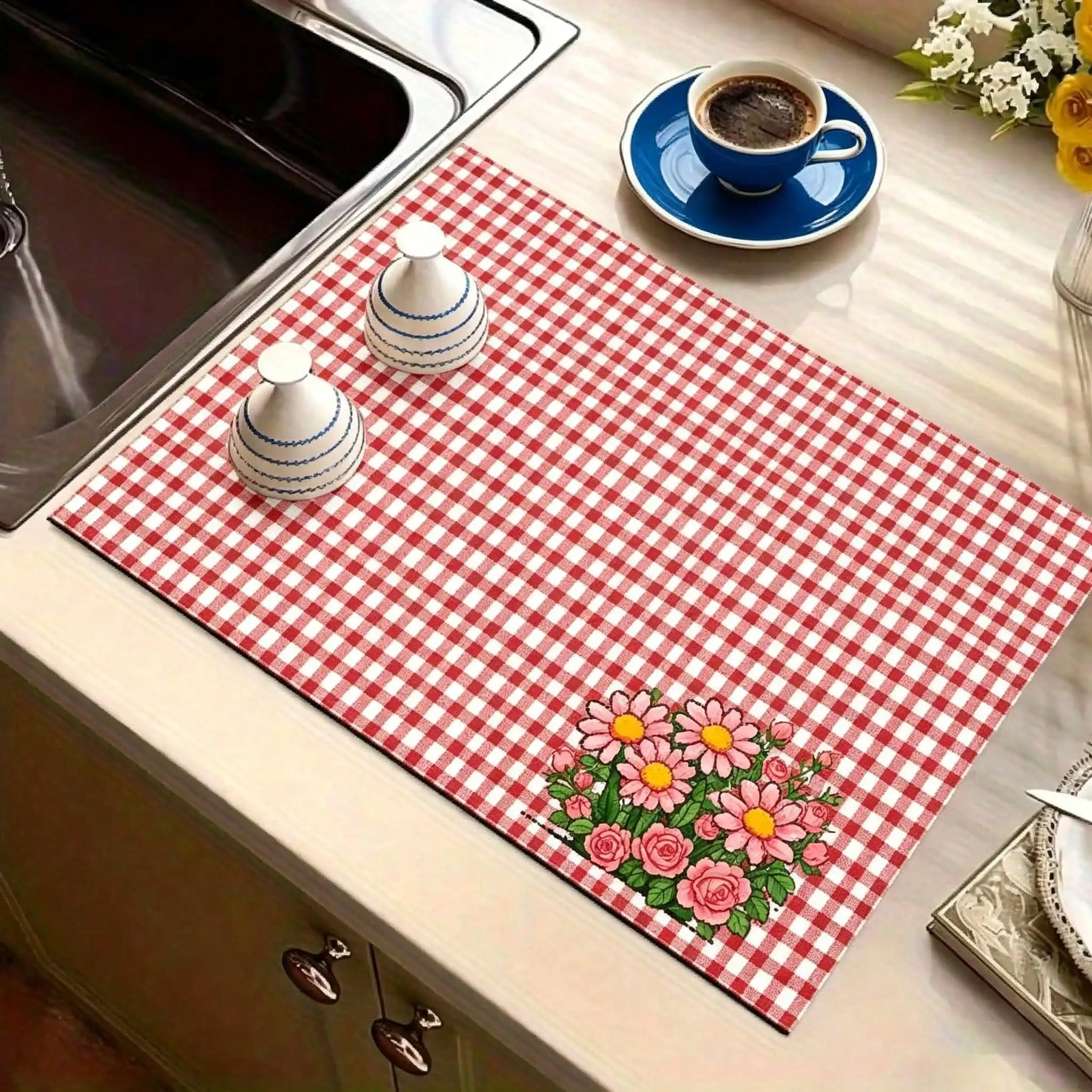 Dish Drying Liner Retro French Country Theme Fruits Pattern Blue White Checkered Squares Non Slip Salon Pad For Bar Table