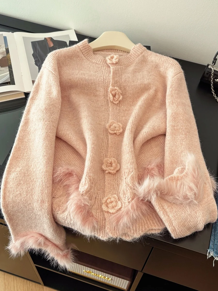 

Вязаный кардиган Sweet Sle, женский свободный зимний свитер с 3D-цветочным узором, теплый, удлиняющий и стройнящий