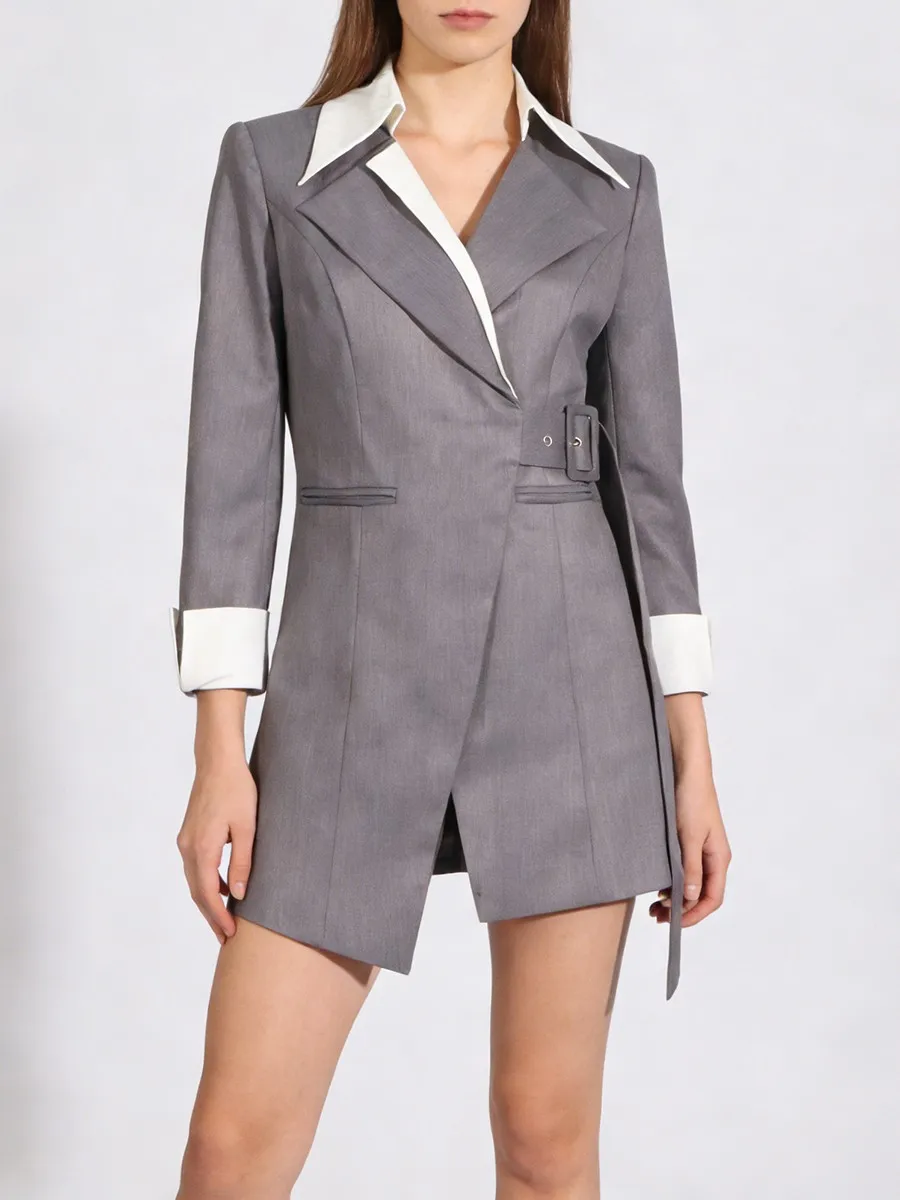 TWOTWINSTYLE Hit Color Slimming Spliced Belt Design Sense Blazer for Women Lapel Long Sleeve High Waist Irregular Blazers Female