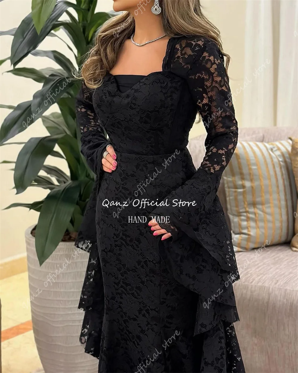 Qanz Dubai Luxury Dresses Women Evening Dresses Black Lace Appliques Long Sleeves Elegant Specila Occasion Dress Customized