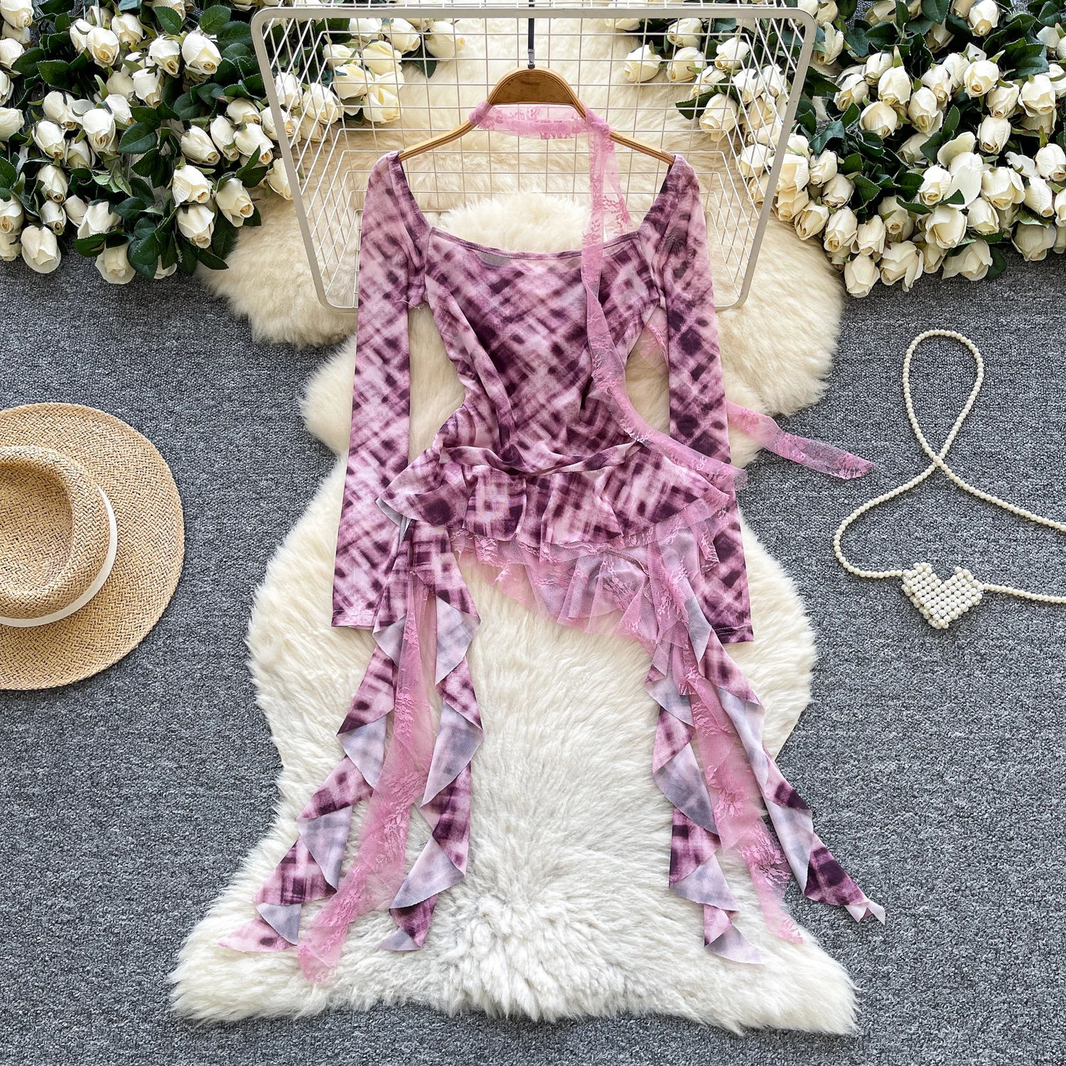 Vintage elegante asymmetrische tie-dye blouse met lange mouwen Fashion Shirt Chic Top herfst dameskleding