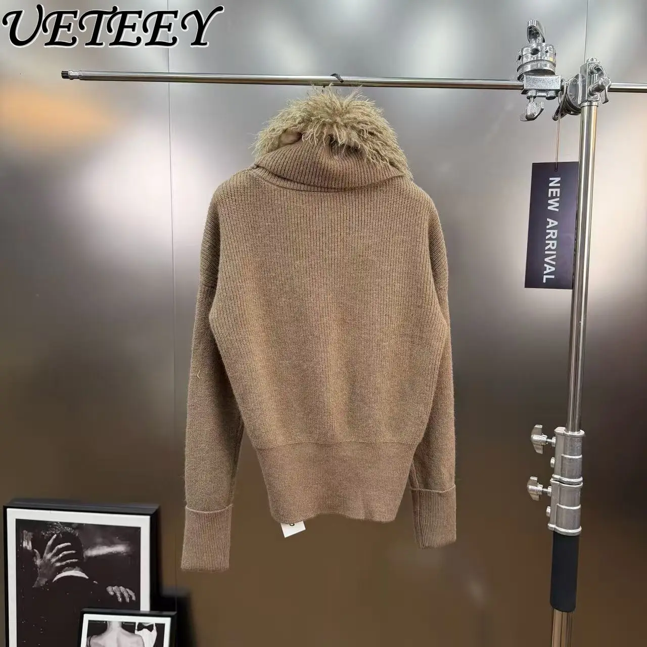 2026 primavera estilo francês socialite com decote em v cruz gola de pele grande camisola manga longa cintura-emagrecimento retalhos malha topo