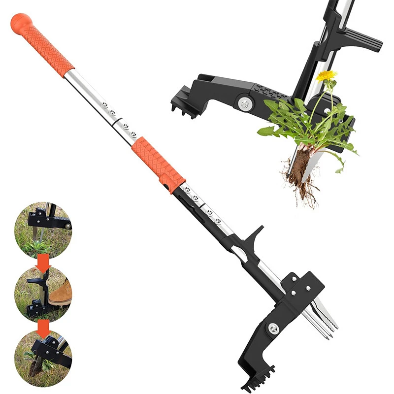 Stand Up Weeder Root Removal Tool with 4 Claws & Foot Pedal Garden Manual Weeder Handheld Weeds Puller for Outdoor Yard Grass