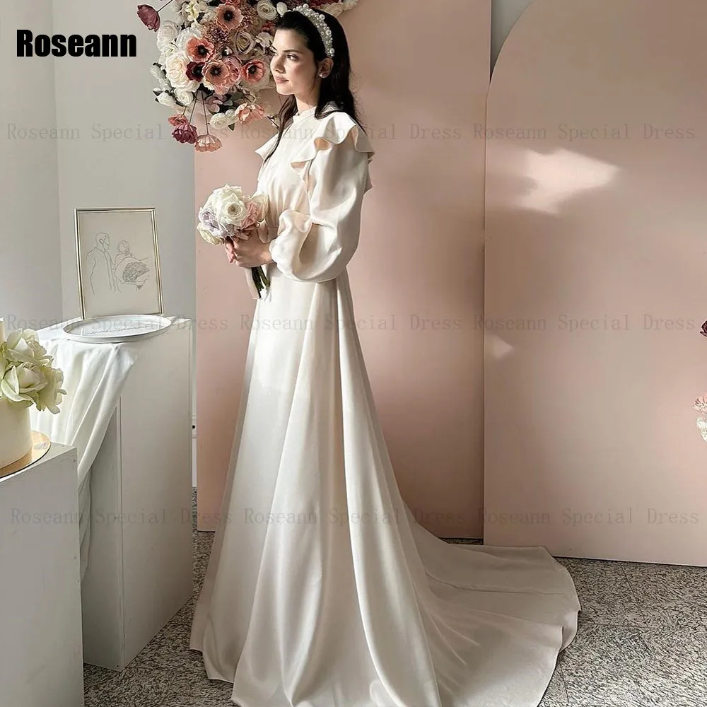 Muslim High Quality 2024 New Design A-line Wedding Dresses Full Satin Floor Length Ruffle Bride Dress Brush Train robe de mariée