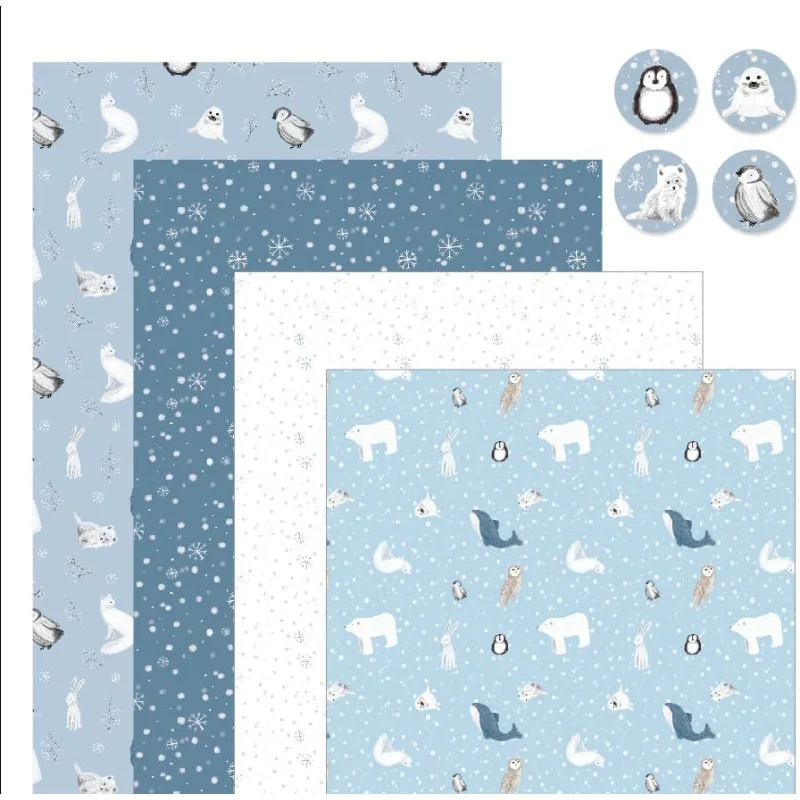 12pcs Winter Friends Penguin Fox Gift Wrapping Paper Set with Gift Sticker for Winter Themed Baby Shower Birthday Party Supplies