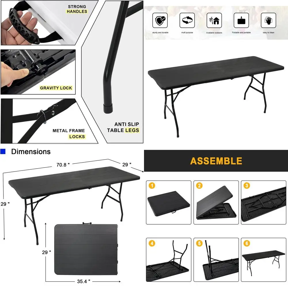 

Portable Heavy-Duty Plastic Folding Table, Black Wood Grain, 70.8W x 29D x 29H, Ideal for Utility, Camping, and Parties