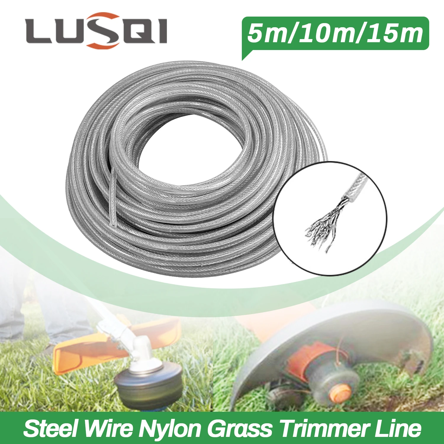 LUSQI 5M/10M/15M fil d'acier Nylon coupe gazon ligne débroussailleuse tondeuse à gazon corde tondeuse à gazon cordon Long rouleau rond remplacement d'herbe