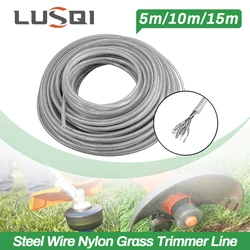 LUSQI-cortadora de césped de nailon, alambre de acero de 5M/10M/15M, línea de desbrozadora, cuerda para cortacésped, rollo redondo largo, reemplazo de césped