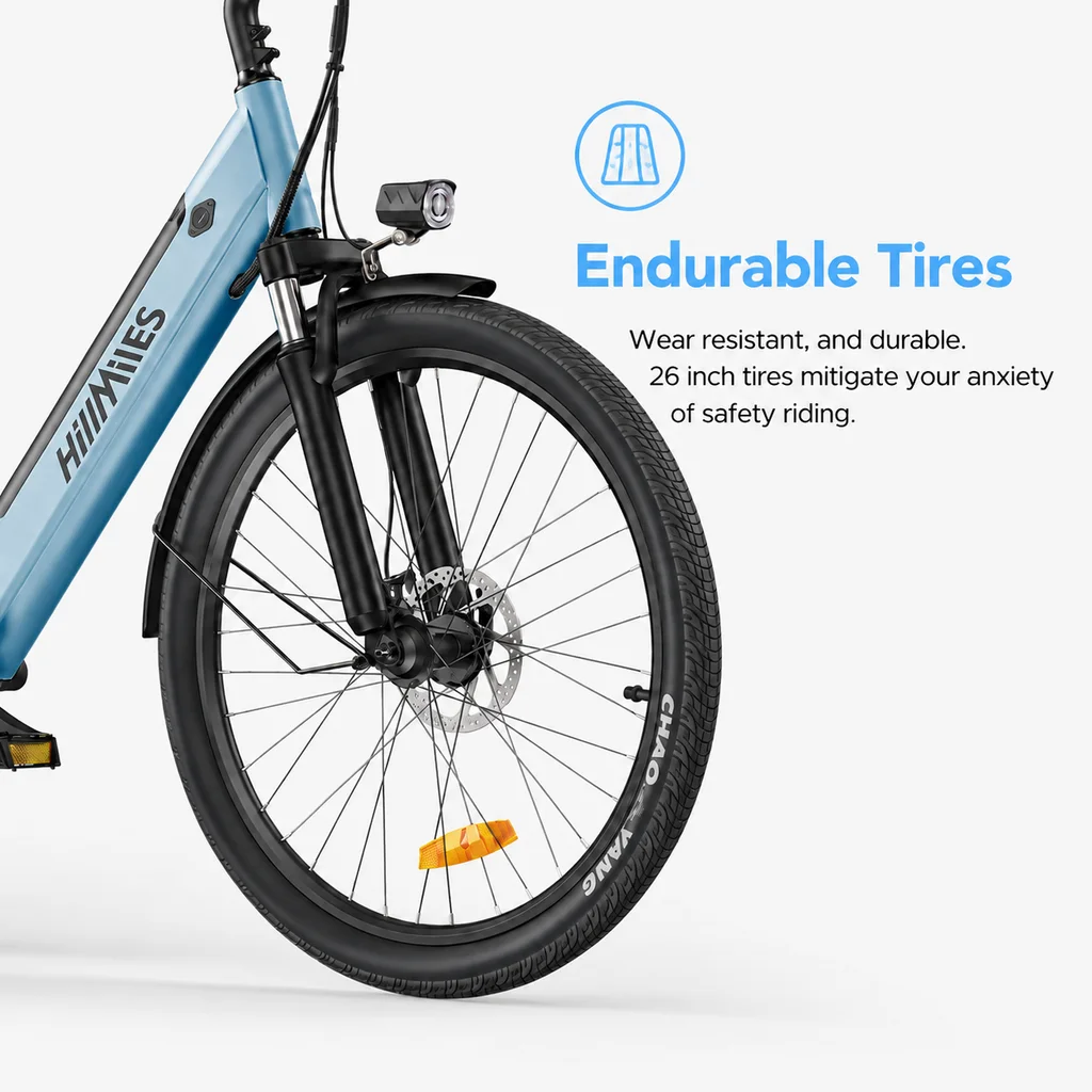 Bicicleta eléctrica urbana MileCity 1 de 26" de la marca HillMiles, con motor de 250 W, batería de 36 V y 13 Ah, gran autonomía de 100 km, velocidad máxima de 25 km/h, 7 velocidades y frenos de disco, ideal para paseos urbanos y excursiones de fin de semana.