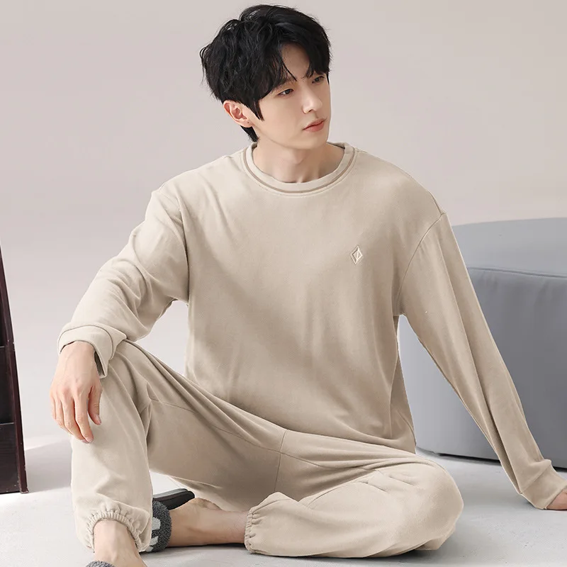 Velvet Warm Sleepwear for Men Winter and Autumn O Neck NIghtwear 2Pcs/set Home Clothes Young Boy Simple Loungewear Dropship