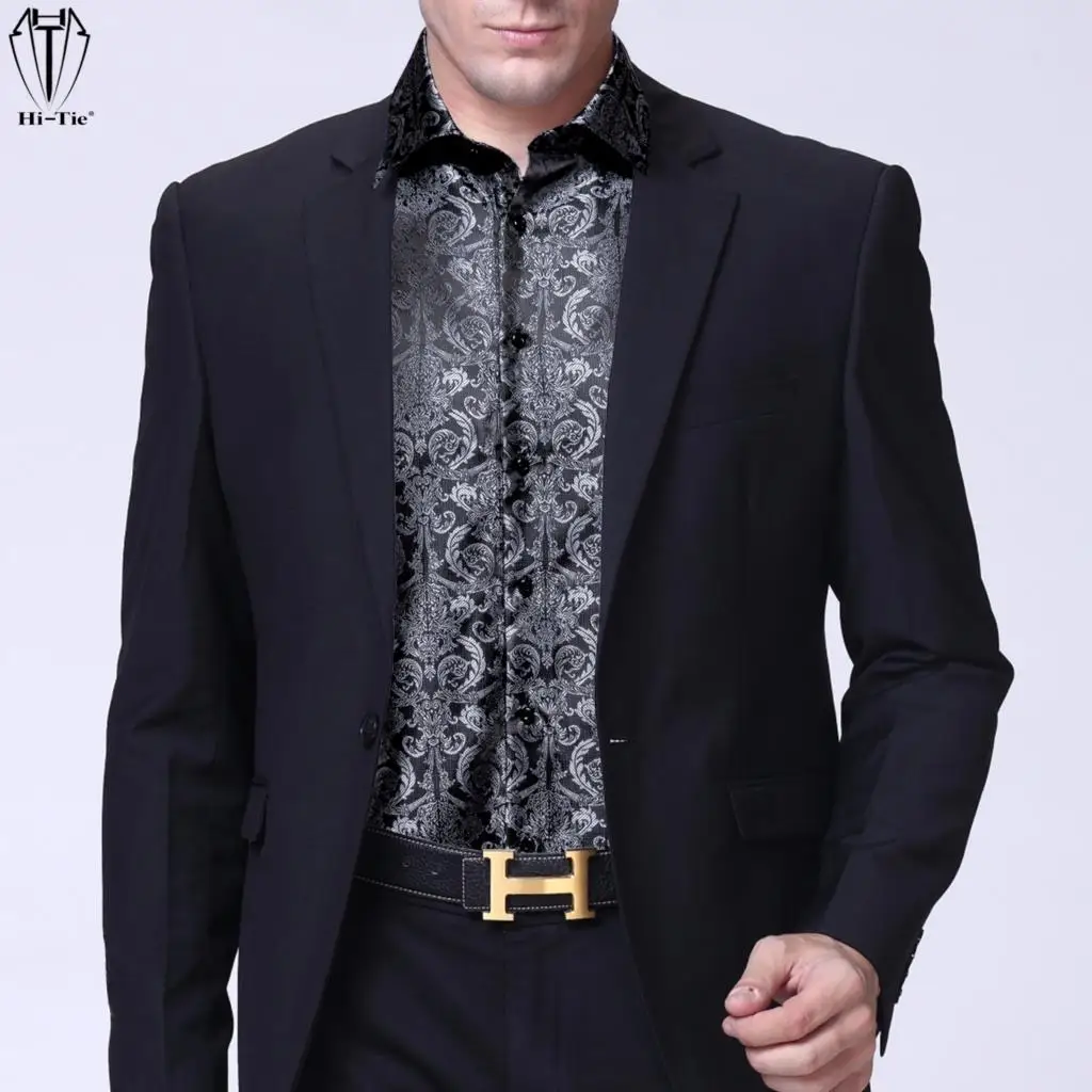 Hi-Tie Black Silver Silk Mens Shirts Blouse Jacquard Long Sleeve Male Clothing Casual for Groom Wedding Business Event Oversized