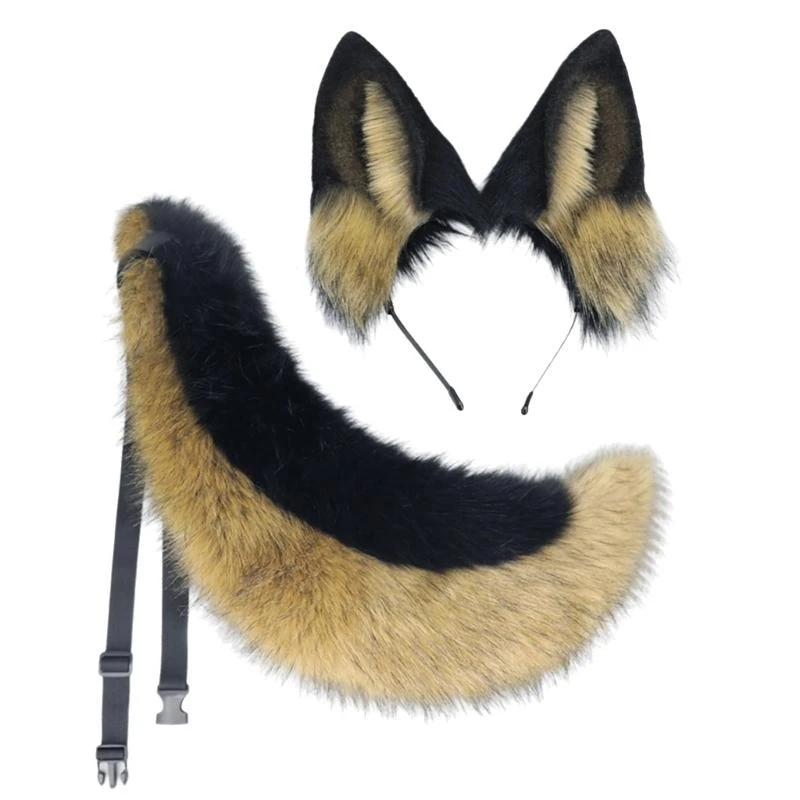 

652F 2Pcs Animal Cosplay Costume Fauxs Furs Wolf Cats Foxes Tail and Cats Ears Headbands Halloween Party Costume Accessories