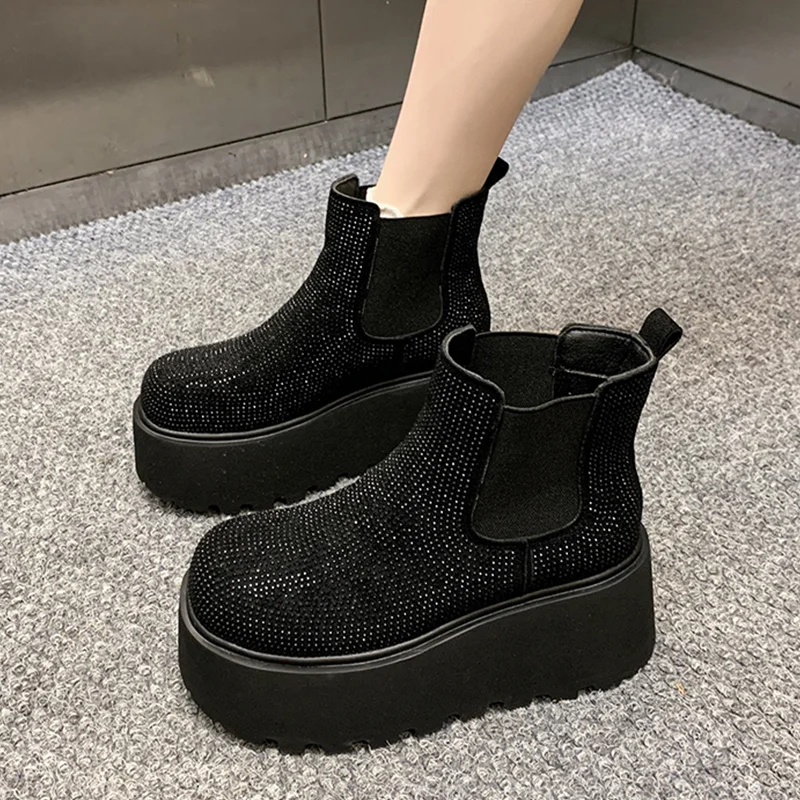 Quality Crystal Platform Ankle Boots Women's High Heels Luxury Shoes Winter Fad Elegant Chelsea Boots New Dress Cozy Mujer Botas view 3