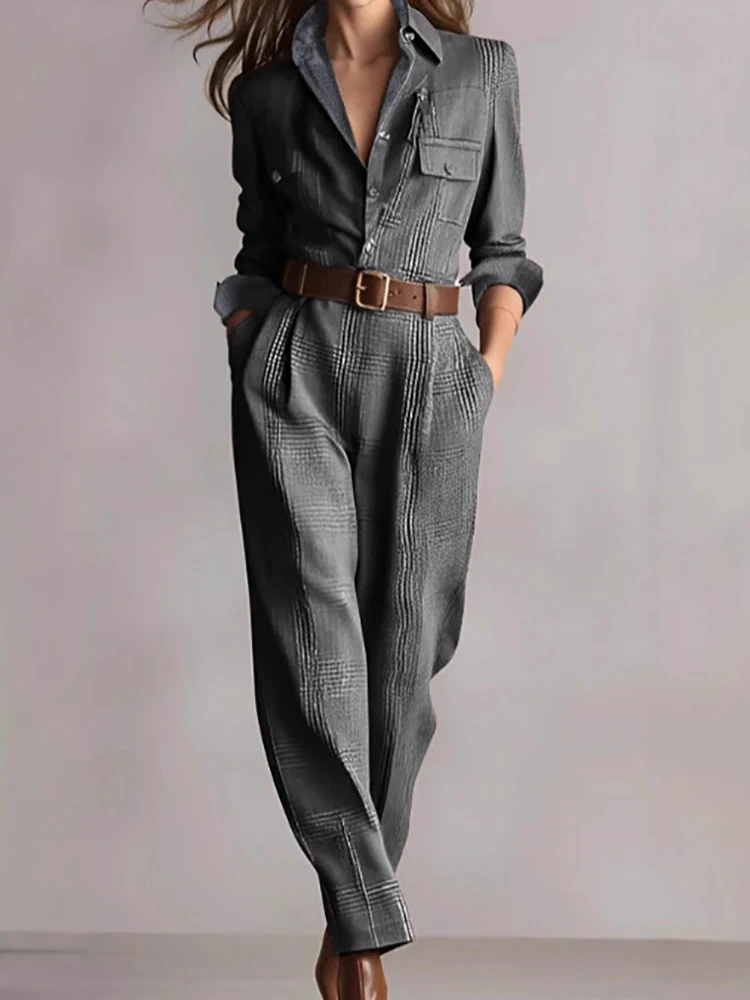 Retro Plaid Printing Ladies Slim Fit Jumpsuits Autumn Winter Long Sleeve Lapel Buttons Casual Rompers Women Elegant Cargo Pants