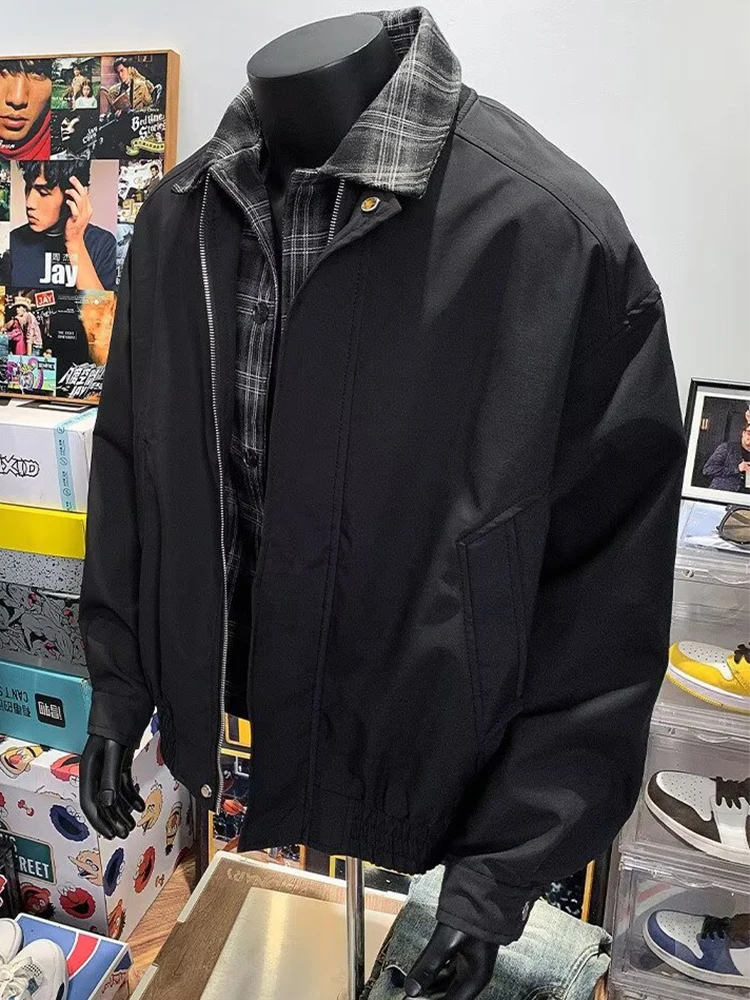 

Autumn Fashionable Lapel Zipper Jacket Coats Men Streetwear Vintage Contrast Color Cardigan Stylish Patchwork Plaid Jackets Mens