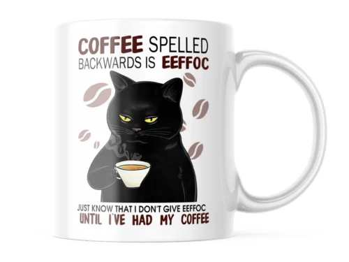 Funny Coffee Cat Mug  EEFFOC Is Coffee Spelled Backwards. 11 OZ Cute Cup