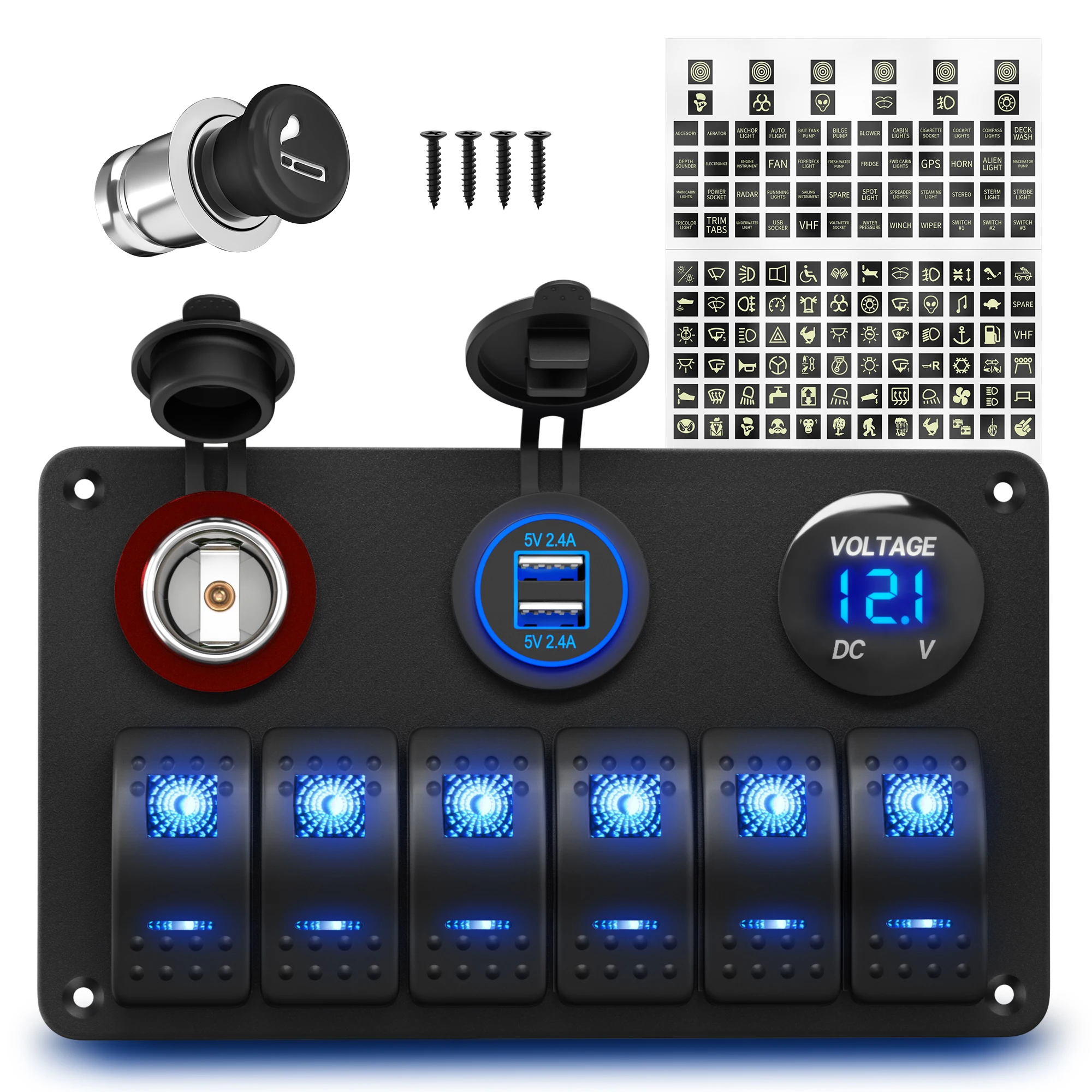 6 Gang Boat Switch Panel 12V Rocker Switch Panel Marine Switch Panel Waterproof LED Lighted with USB Cigarette Socket Voltmeter