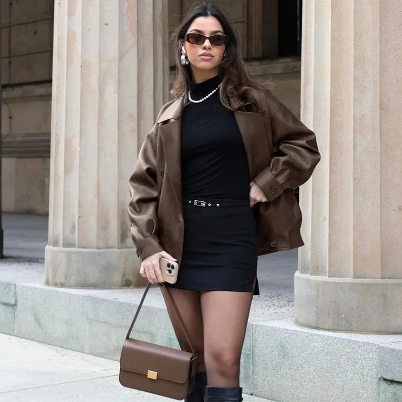 Retro-chique terno colarinho jaqueta de couro outono inverno sólido oversized manga longa elegante moda outwear senhora do escritório casacos