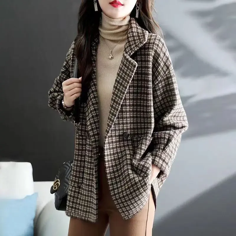 Women's Tweed Wool & Blends Coat Short Brown Half Novelty Casual Luxury Medium Long Sleeve Ladies Jackets Cheap on Sale New In