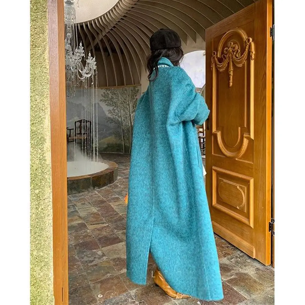 

Autumn and Winter 2025 New Women's Clothing High-end Temperament Niche Loose Peacock Blue Long Tweed Coat Women's Coat