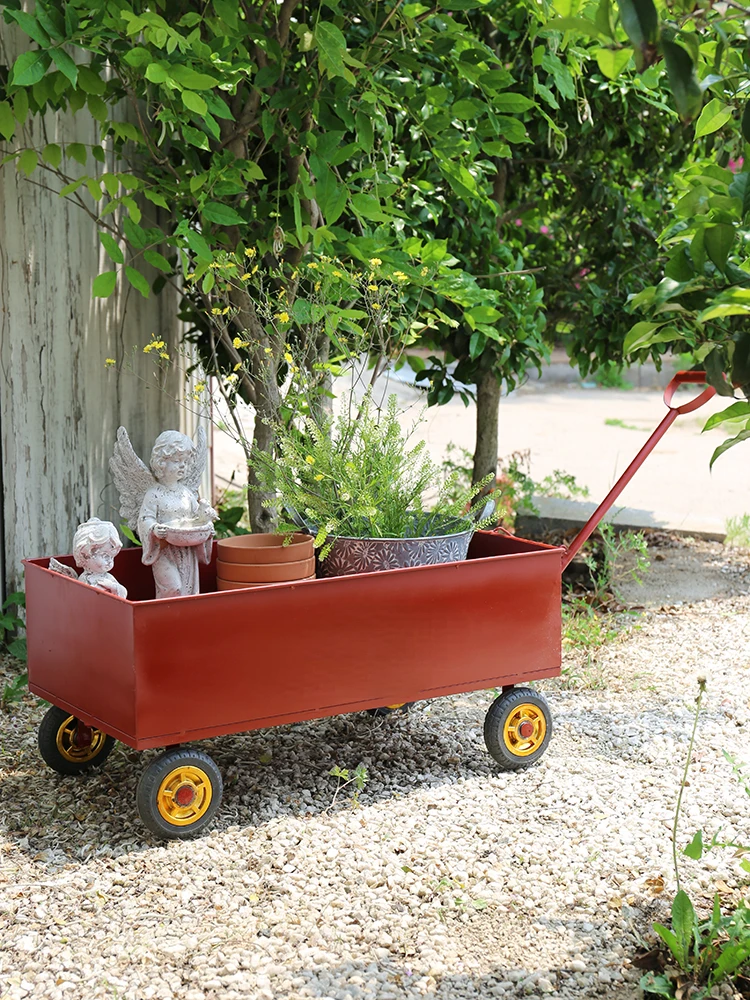 Float mobile flower garden cart small trailer with wheels for storage metal gardening.