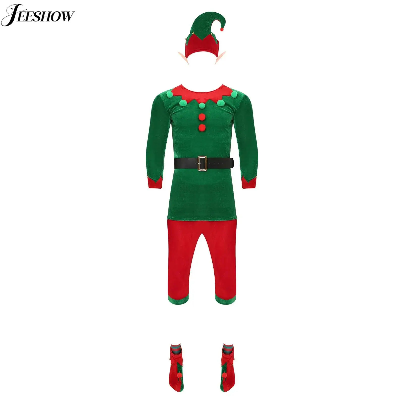 Adult Christmas Elf Costume for Men 7 Piece Santa Helper Fancy Dress Velvet Long Sleeve Top with Pants Shoes Hats and Stockings