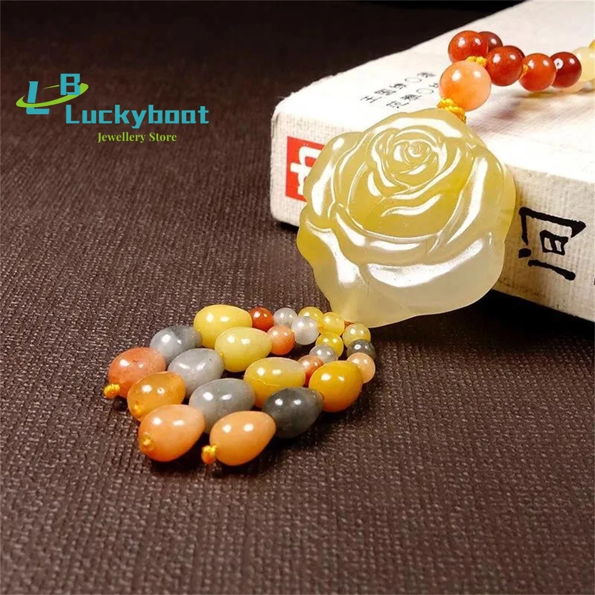 

Xinjiang Golden Silk Jade Weaving Rose Sweater Chain Colorful Jade Women's Duobao Three Color Pendant Necklace Charm Jewelry