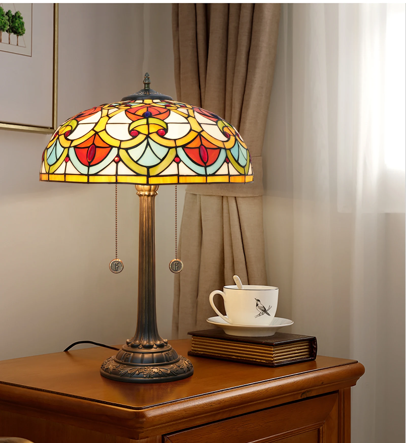 Victorian style Stained Glass Table Light Antique Style 16 inch Large Desk Lamp 2 Light elegant Reading Lamp for home office