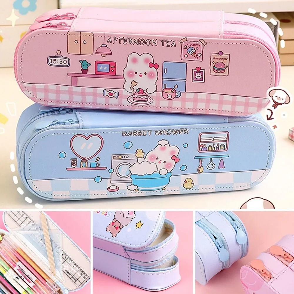 Estuche para lápices de doble capa Ins, bolsa para bolígrafos impermeable con diseño de dibujos animados, bolsa de papelería portátil de gran capacidad, suministros para estudiantes