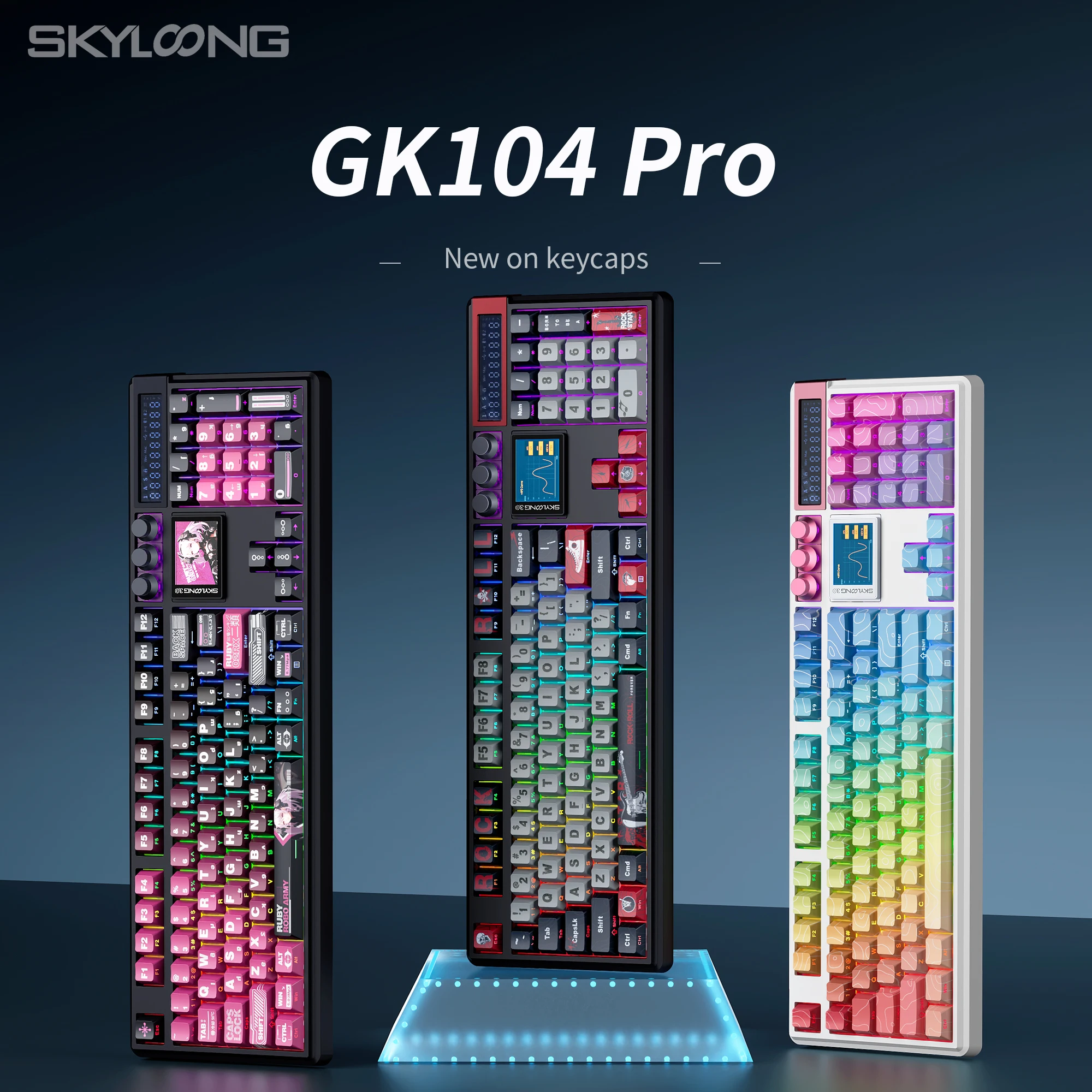 SKYLOONG GK104 Pro لوحة مفاتيح ميكانيكية لاسلكية كاملة الحجم 3 أوضاع مع شاشة 3.0 3 مقابض مفتاح صامت قابل للتبديل السريع أغطية مفاتيح PBT