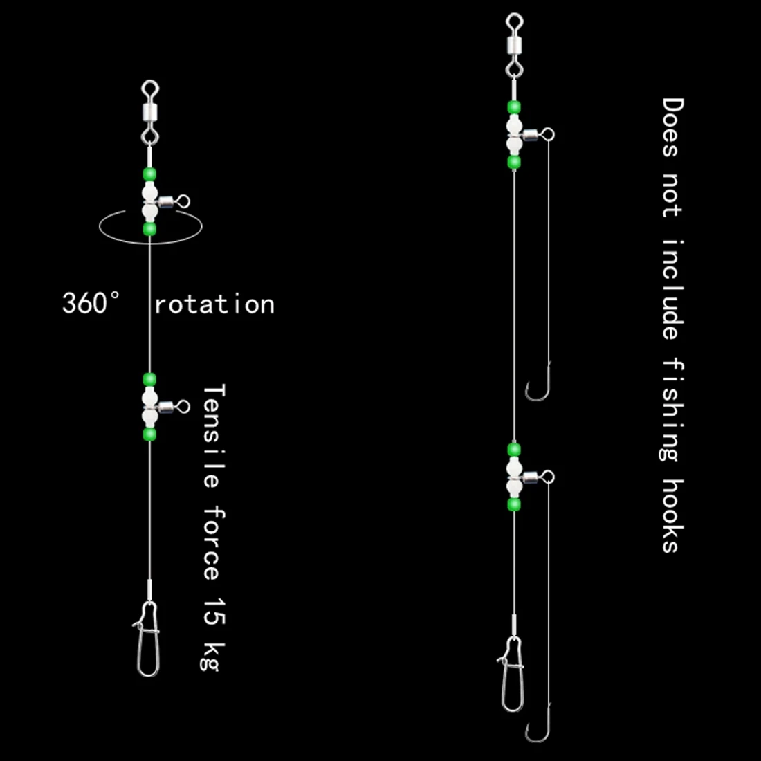 9KM Vormontiertes Angelvorfach mit Leuchtperlen, 3-Wege-Wirbel-Clip-Vorfach für Haken & Gewichte, Salzwasser-Bodenfischerei-Ausrüstung – Detail 3