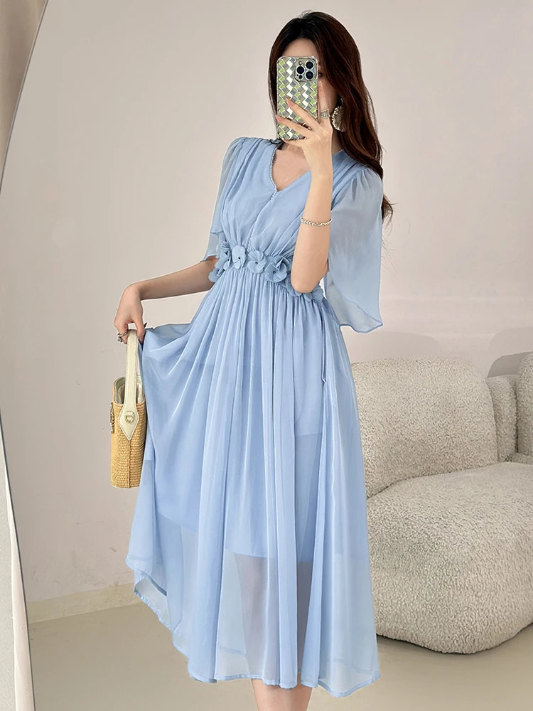 Dameskleding Fee Celebrity Vakantie Jurk Dames Mooie Blauwe Chiffon Bloemen Swing Gewaad Vrouwelijke Vakantie Feest Prom Vestidos