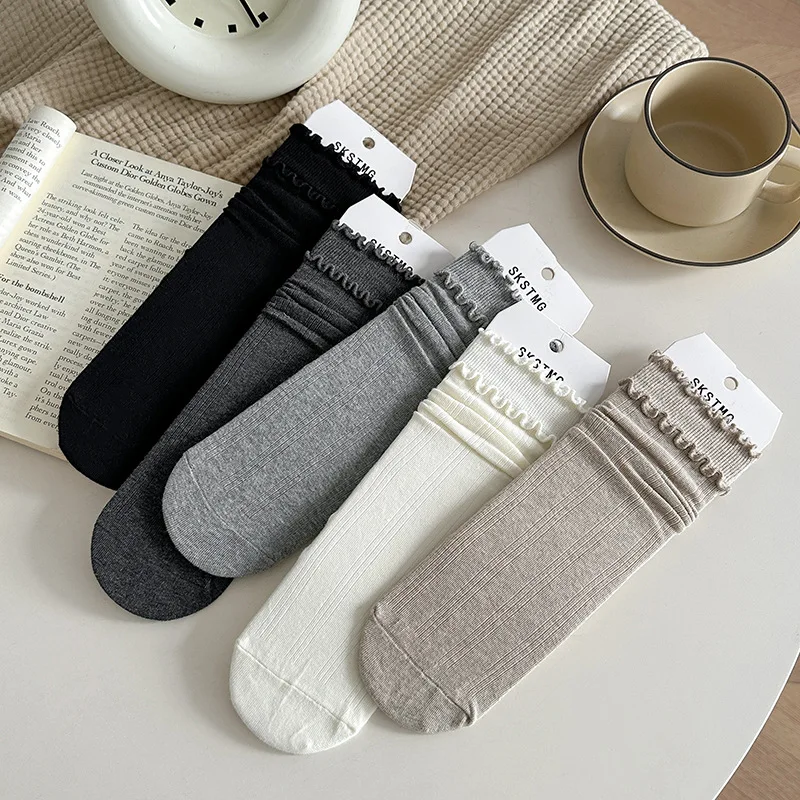 

Kawaii Japanese JK Uniform Sock with Double Ruffle Lace Casual Solid Color Mid-Calf Stackable Socks Spring Fall Basic Calf Socks