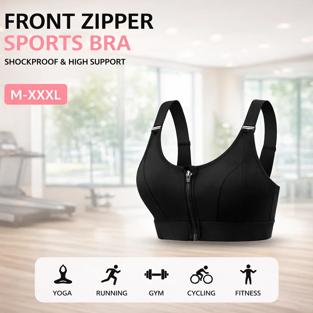 Women Front Zipper Sports Bra Plus Size Adjustable Straps Shockproof High Support Workout Bra for Gym Yoga Running