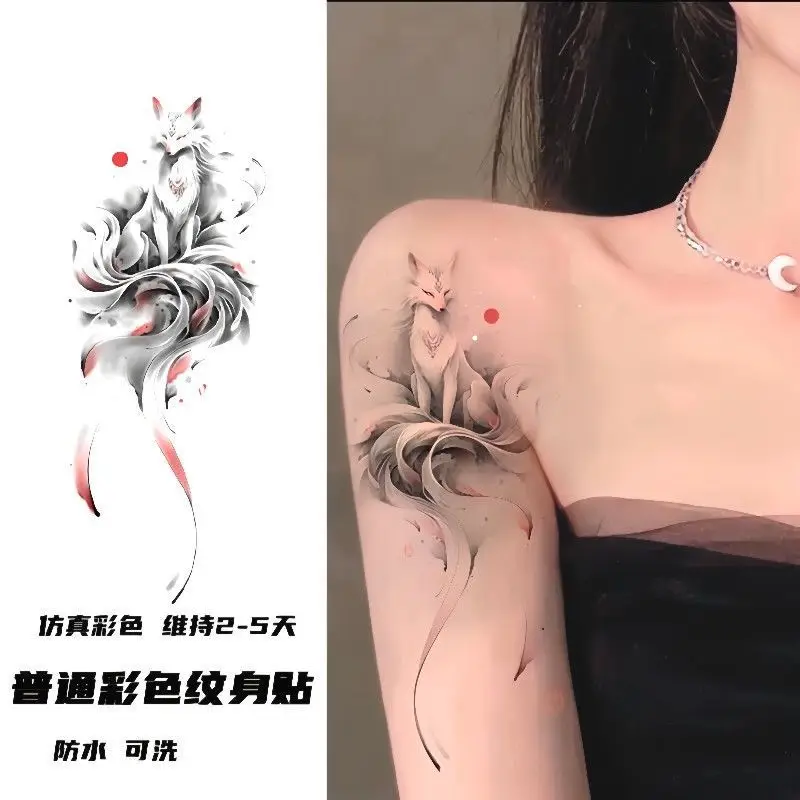 

Colorful Ink Wash Nine Tailed Fox Tattoo Stickers Ins Style Long Lasting Waterproof Washable Arm Chest Body Art For Trendy Women