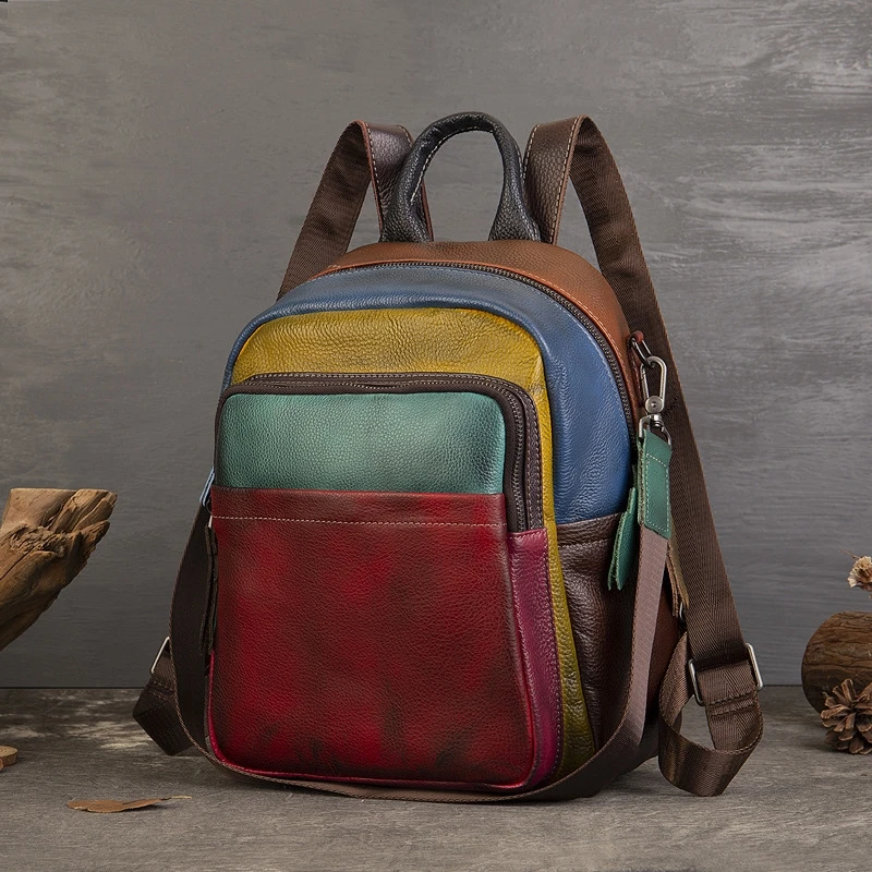 

Patchwork Genuine Leather Backpack Woman Real Cow Leather Shoulder Bags Ladies Fashion Cowhide Travel Tote Bag