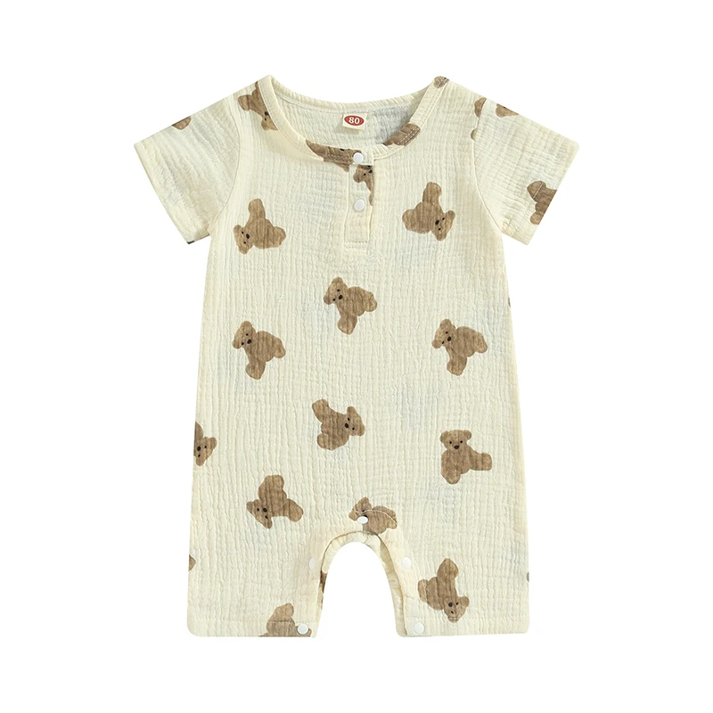 Baby Boy Girls Summer Jumpsuit Casual Bear Print Round Neck Short Sleeve Romper for Toddler Newborn