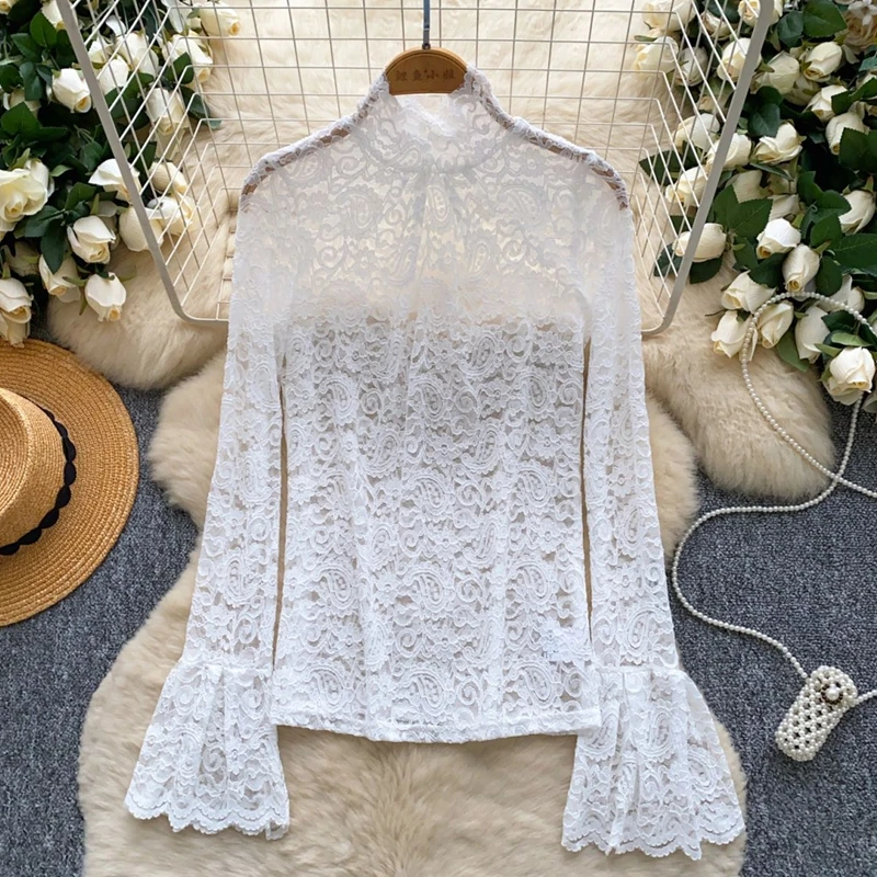 Voir à travers les chemisiers en dentelle ajourés femmes Streetwear à manches longues Blusas Femininas basiques surdimensionnés Sexy dames hauts noirs chemises