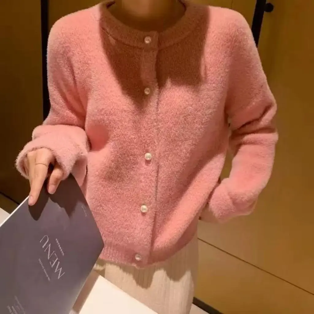 

New Women's Knitted Sweater Round Neck Faux Mink Cardigan Thick Outerwear Short Top Korean Style Autumn Winter Fashion