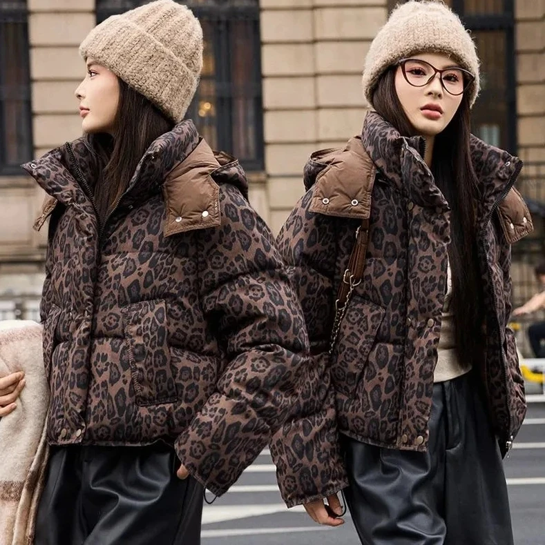 

Leopard Print Puffer Jacket 2025 Winter Women's Hooded Down Coat Fashion Parka Warm Cotton Outerwear